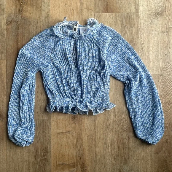 C/MEO Collective Blue White Floral Pleated Long Sleeve Ruffle Hem Blouse XS boho - Picture 1 of 5